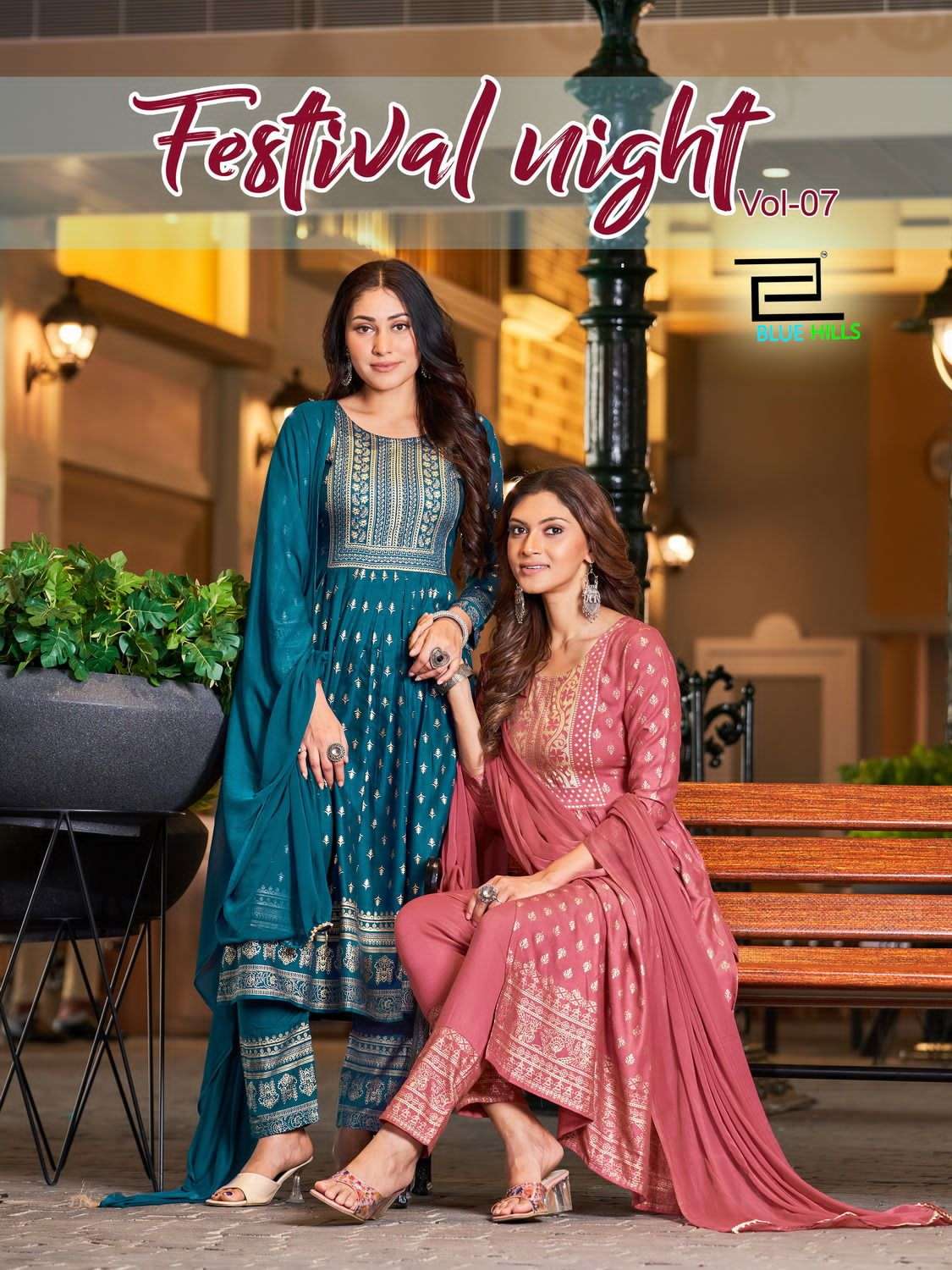 FESTIVAL NIGHT VOL-7 BY BLUE HILLS 7001 TO 7008 SERIES 14 KG RAYON PRINT DRESSES