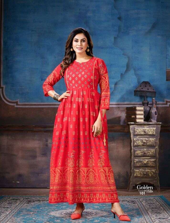 GOLDEN HILLS BY ASLIWHOLESALE 101 TO 108 SERIES 14KG RAYON KURTIS