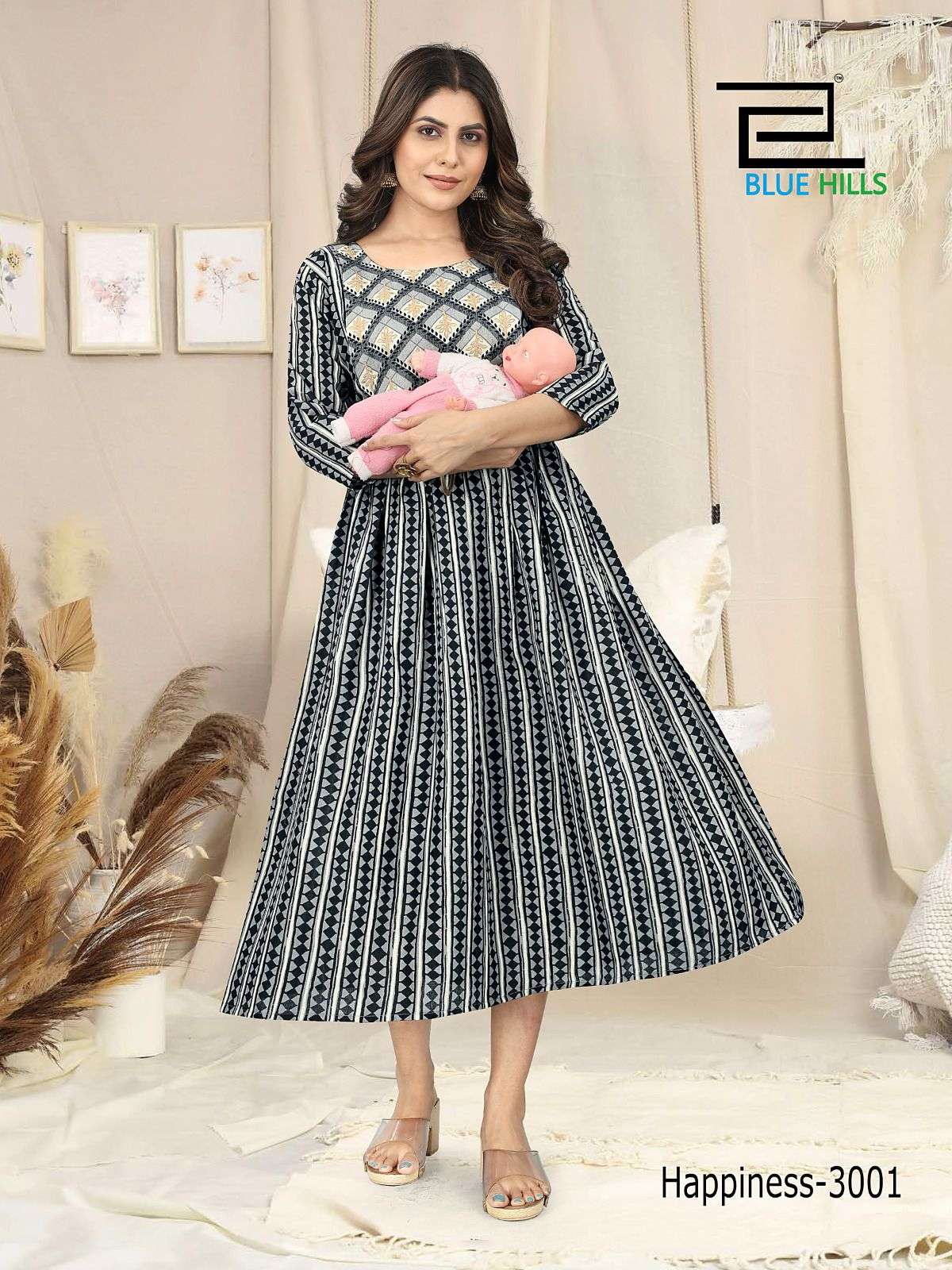 HAPPINESS VOL-3 BY BLUE HILLS 3001 TO 3004 SERIES  RAYON STITCHED PRINT KURTIS