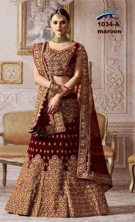 MC-1034 A BY MANSI CREATION PURE VELVET EMBROIDERY BRIDAL LEHENGAS