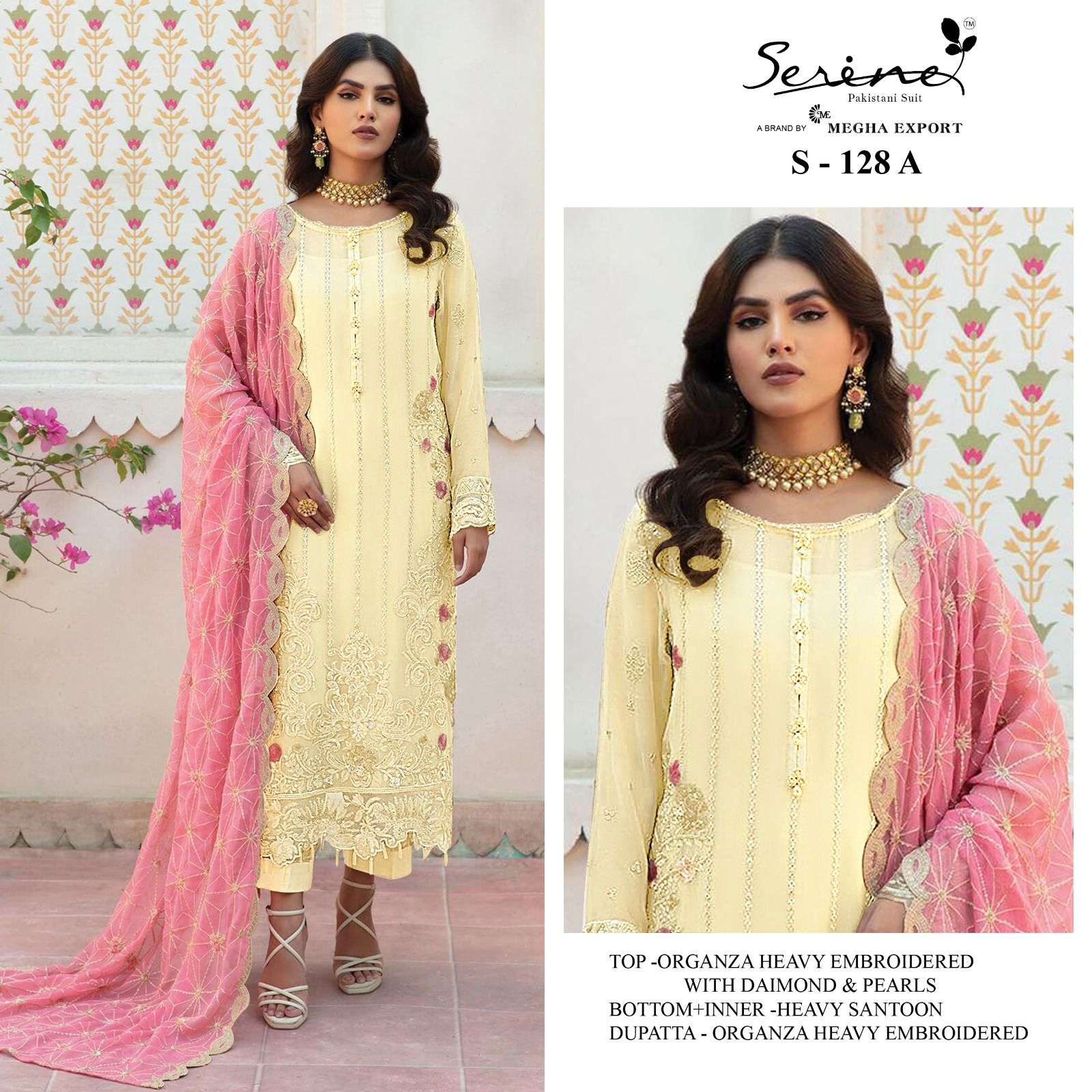 S-128 COLOURS  BY SERENE 128-A TO 128-D SERIES ORGANZA EMBRODERY PAKISTANI DRESS