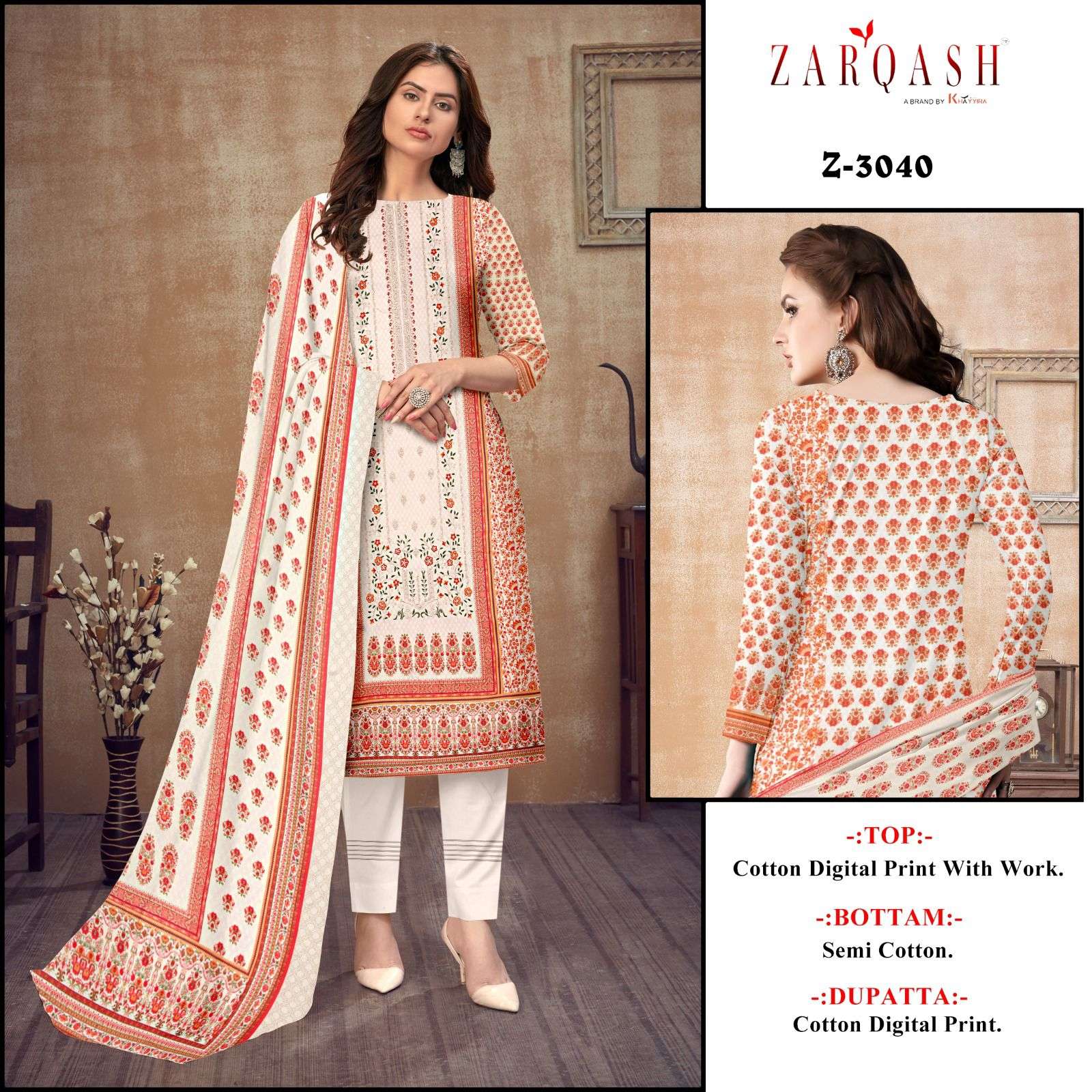 Z-3040 HIT DESIGN BY ZARQASH PRINTED COTTON WORK STITCHED DRESS