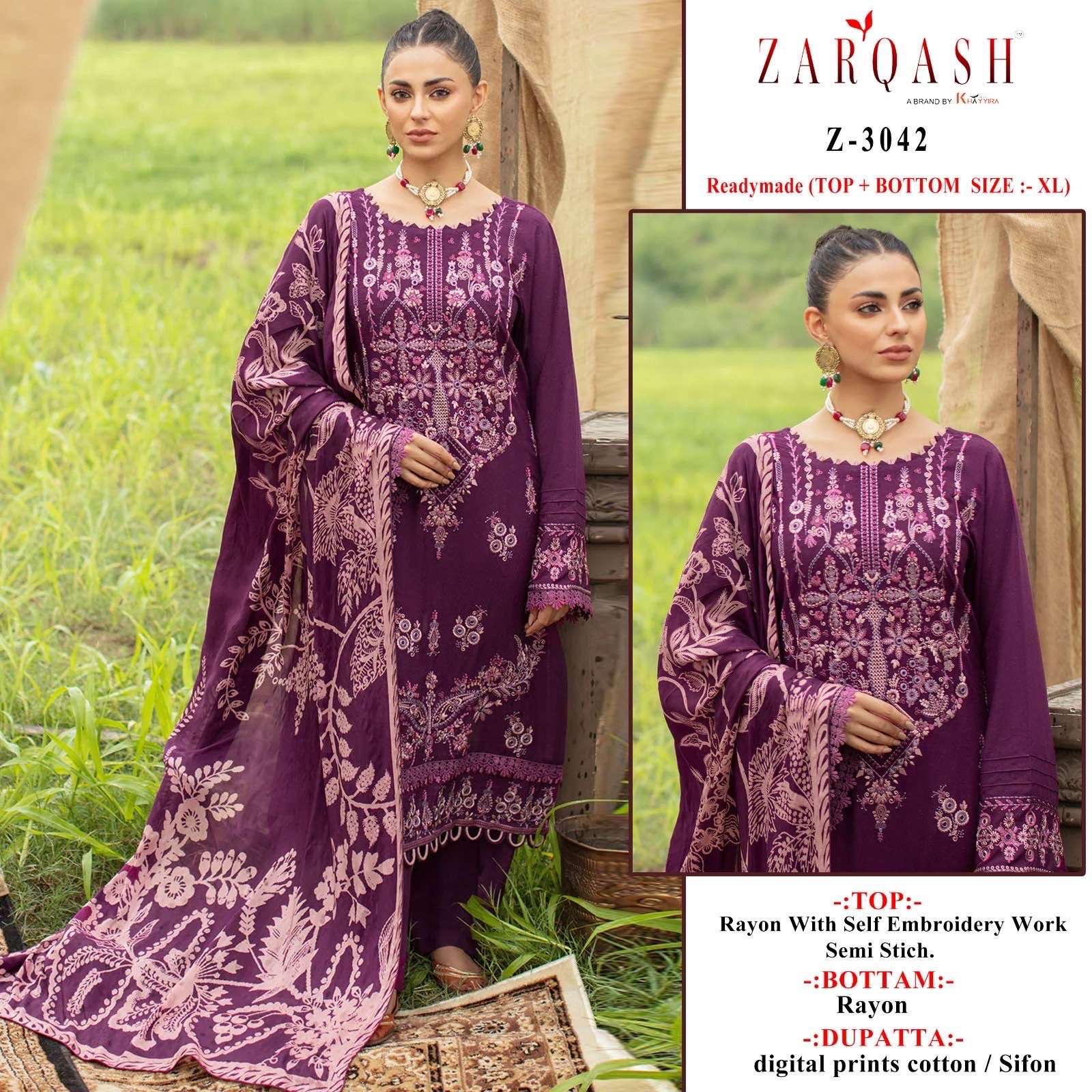 Z-3042 HIT DESIGN BY ZARQASH RAYON COTTON WORK STITCHED DRESS