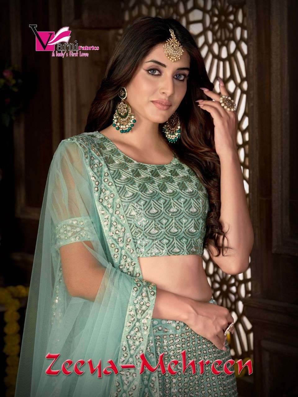 ZEEYA-MEHREEN BY VARNI FABRICS 8001 TO 8004 SERIES NET HEAVY WORK LEHENGAS