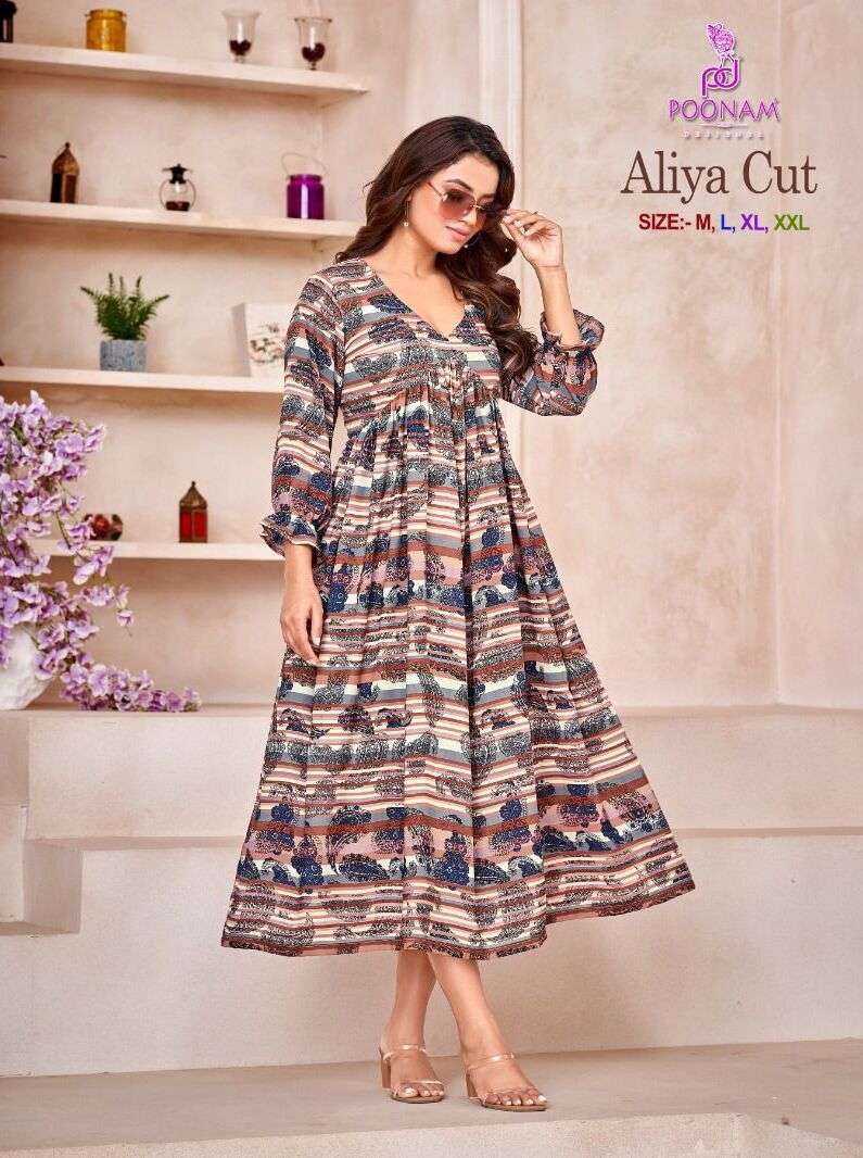 ALIYA CUT BY POONAM DESIGNER 1001 TO 1004 SERIES RAYON KURTIS