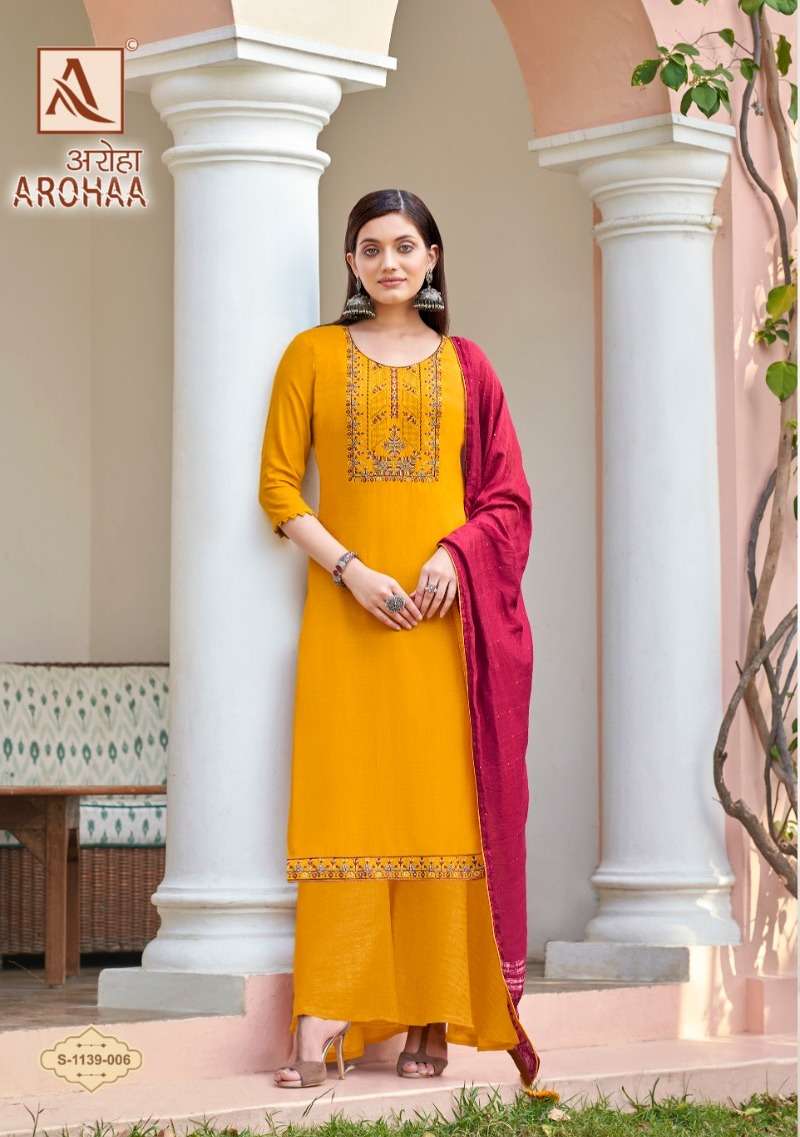 AROHAA BY ALOK SUIT 1139-001 TO 1139-006 SERIES PURE RAYON SLUB EMBROIDERY DRESSES