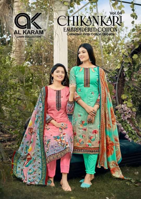 CHIKANKARI EMBROIDERED COTTON VOL-4 BY AL KARAM 4001 TO 4006 COTTON PRINT DRESSES