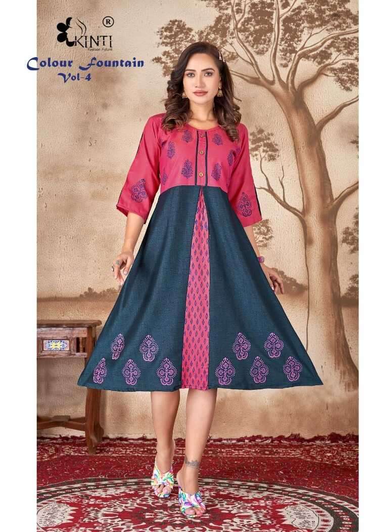 COLOUR FOUNTAIN VOL-4 BY KINTI 101 TO 08 SERIES FANCY RAYON STITCHED KURTIS