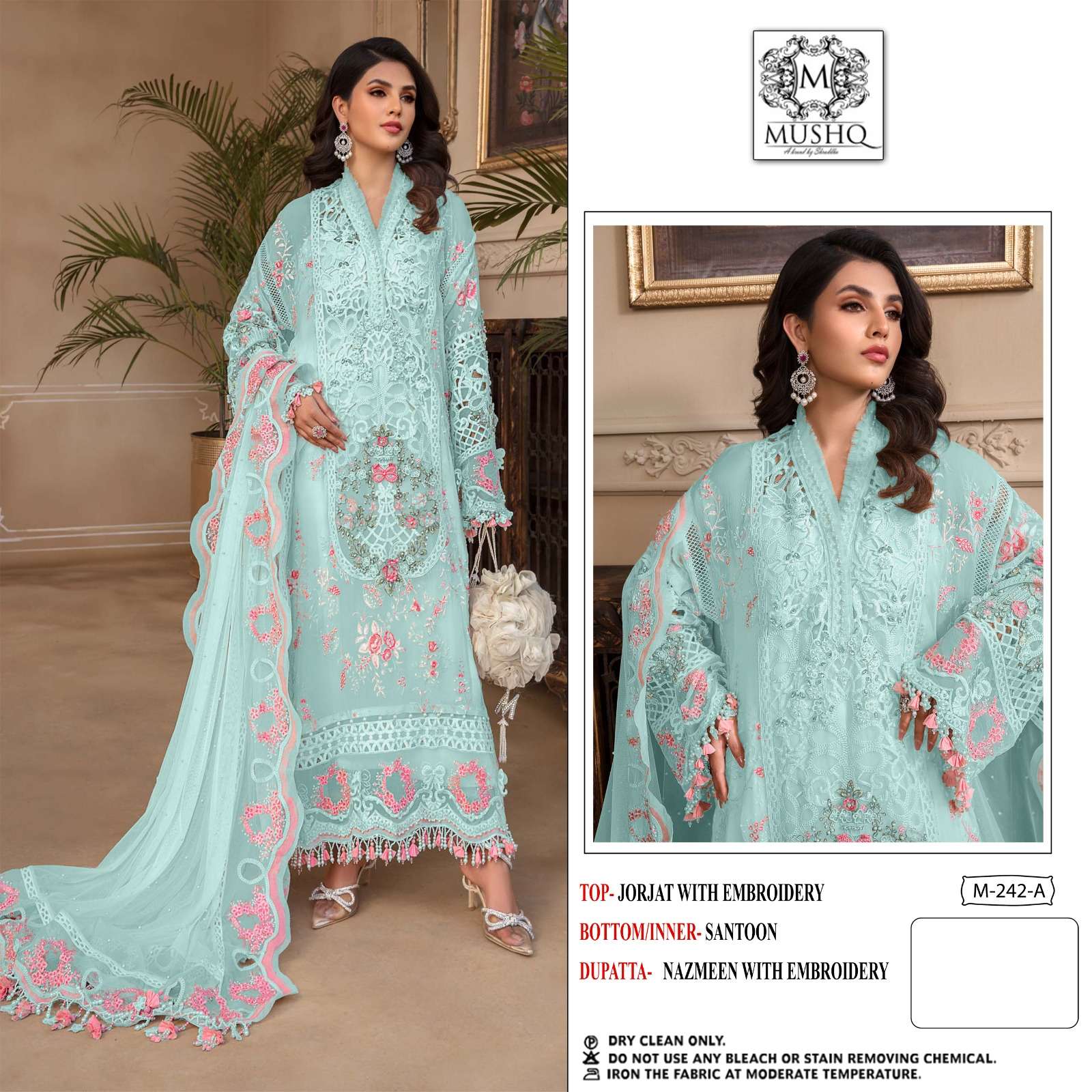 M-242 NX BY MUSHQ 242-A TO 242-D SERIES PURE GEORGETTE WORK PAKISTANI DRESSES