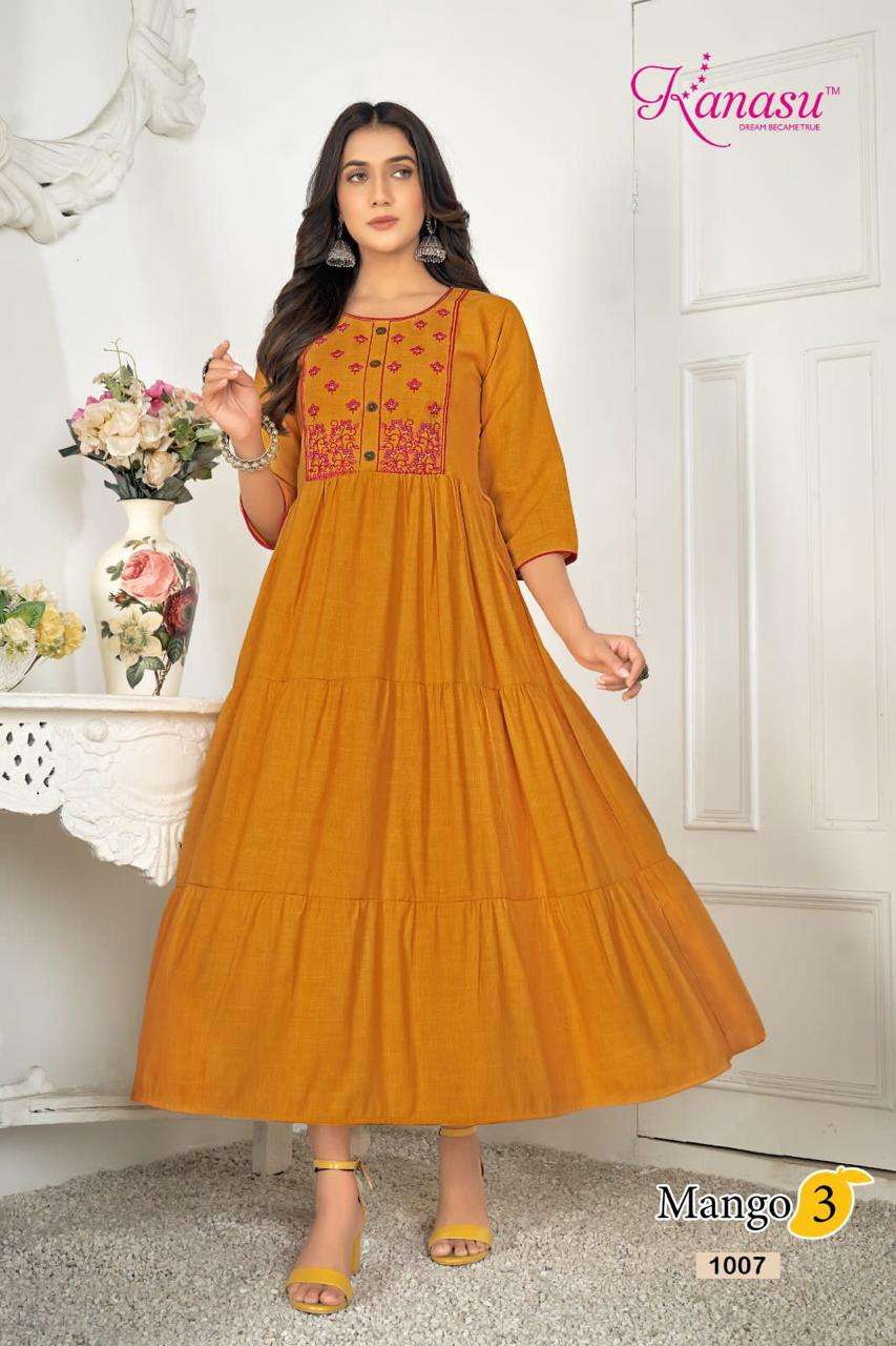 MANGO VOL-3  BY KANASU 1001 TO 1008 SERIES HEAVY RAYON STITCHED KURTIS