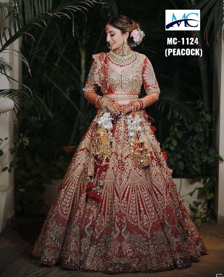 MC-1124 PEACOCK  BY MANSI CREATION PURE VELVET EMBROIDERY BRIDAL LEHENGAS