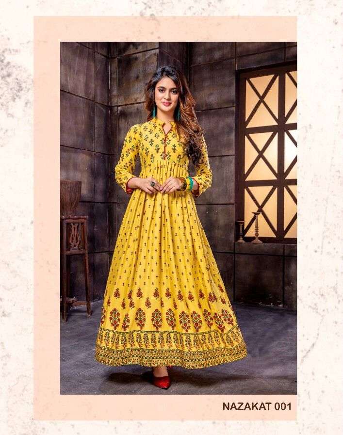 NAZAKAT VOL-2 BY PAAVI 1001 TO 1008 SERIES RAYON EMBROIDERY PRINT GOWNS