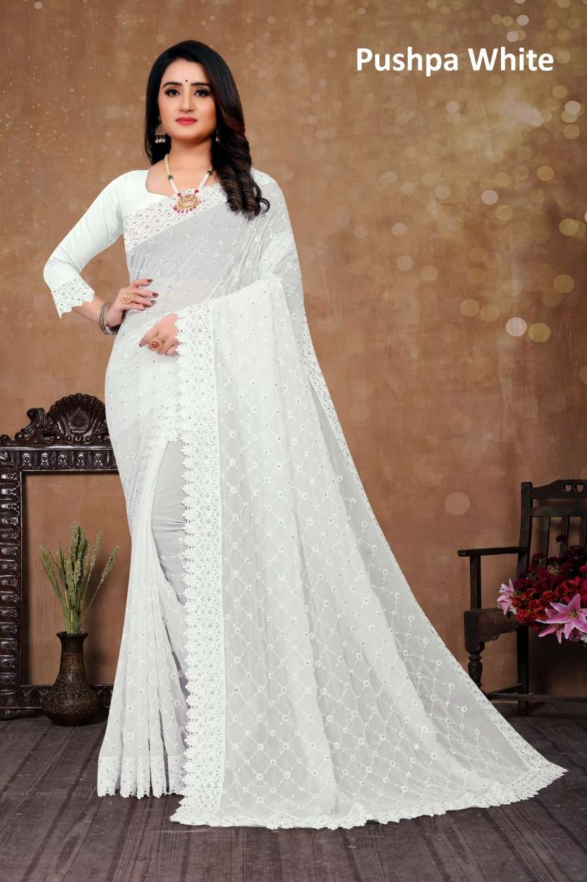 PUSHPA WHITE BY ASLIWHOLESALE FANCY BLOOMING GEORGETTE DESIGNER SAREES