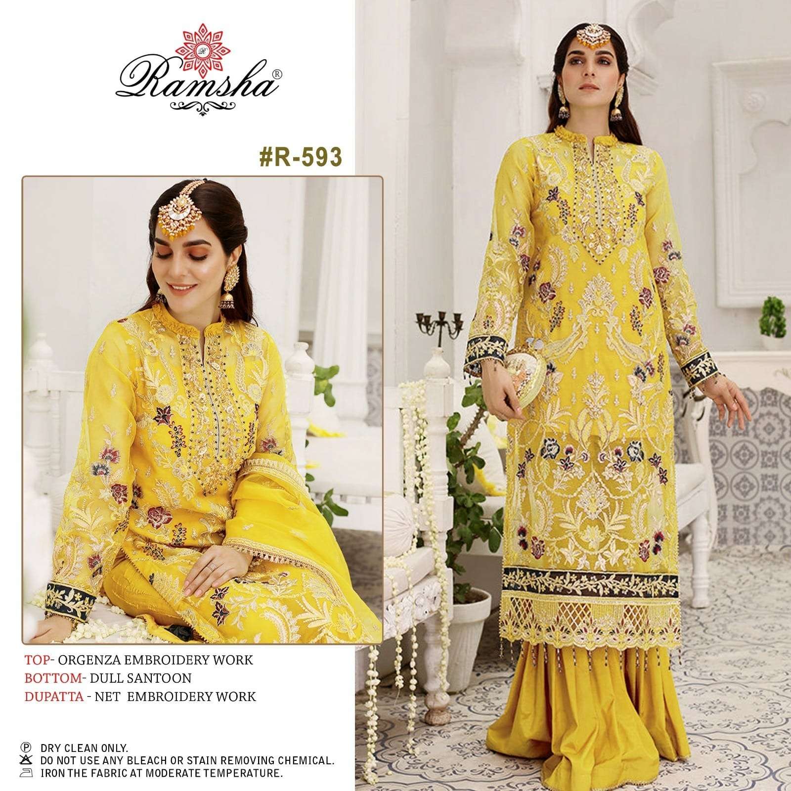 R-593 HIT DESIGN BY RAMSHA ORGENZA WORK PAKISTANI DRESSES