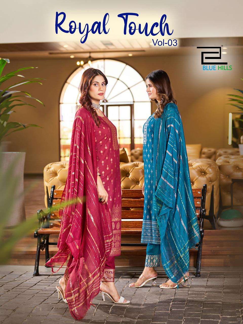 ROYAL TOUCH VOL-3 BY BLUE HILLS 3001 TO 3008 SERIES 14 KG RAYON PRINT DRESSES