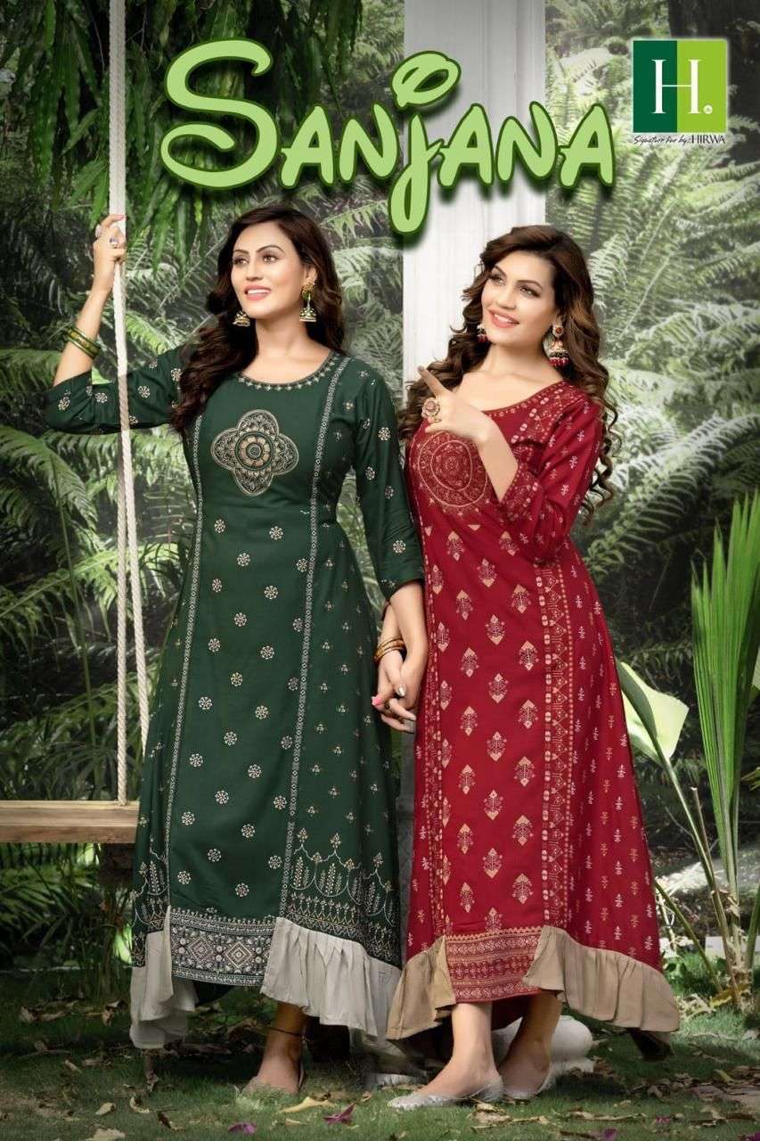 SANJANA BY H DOT 101 TO 106 SERIES DESIGNER RAYON PRINT EMBROIDERY KURTIS 