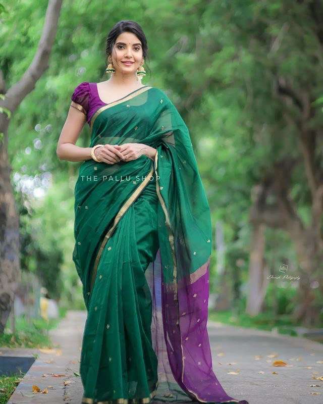 SC 126-B GREEN MAJENTA BY ASLIWHOLESALE DESIGNER SOFT COTTON SILK SAREES