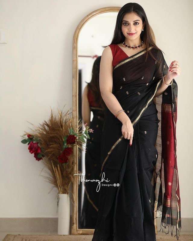 SC 126 BLACK COTTON BY ASLIWHOLESALE DESIGNER SOFT COTTON SILK SAREES