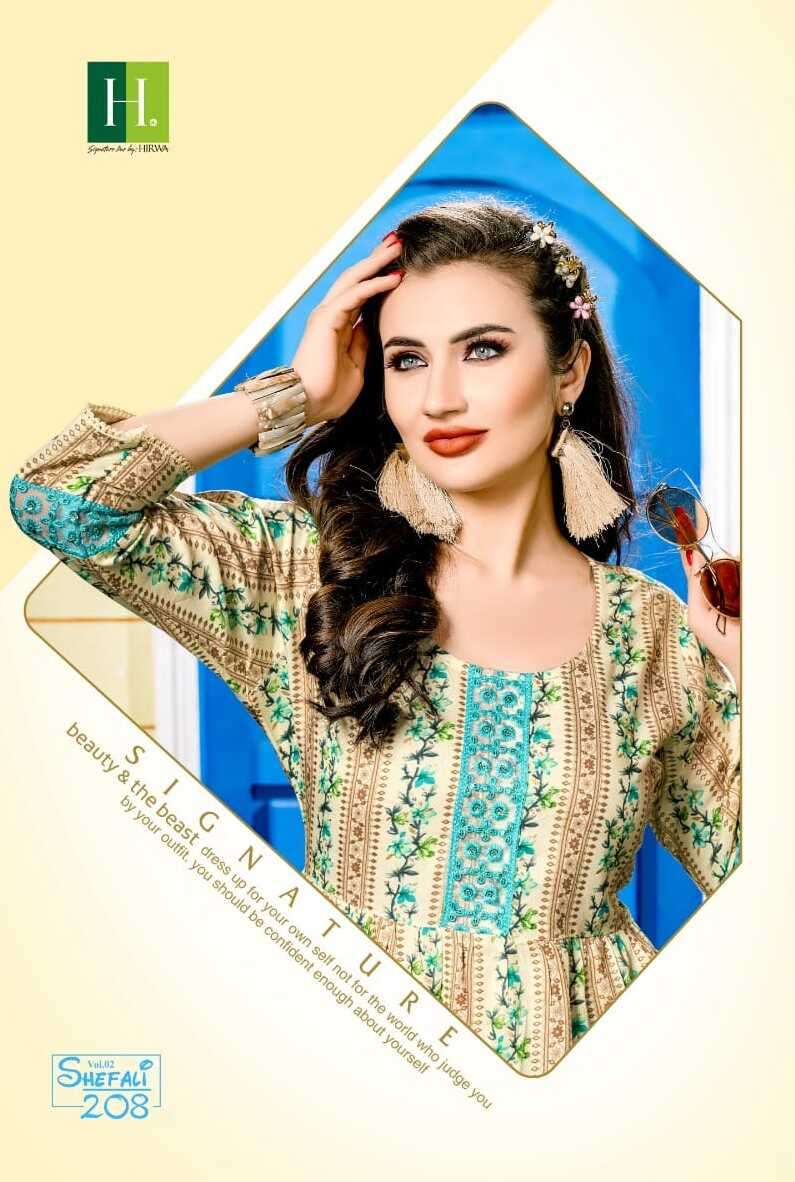 SHEFALI VOL-2 BY H DOT 201 TO 208 SERIES DESIGNER RAYON PRINT EMBROIDERY TOPS