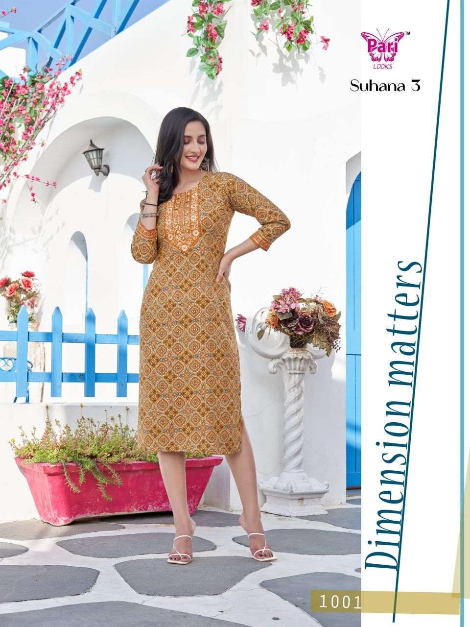 SUHANA VOL-3 BY PARI LOOKS 1001 TO 1004 SERIES DESIGNER 18 KG RAYON WORK KURTIS