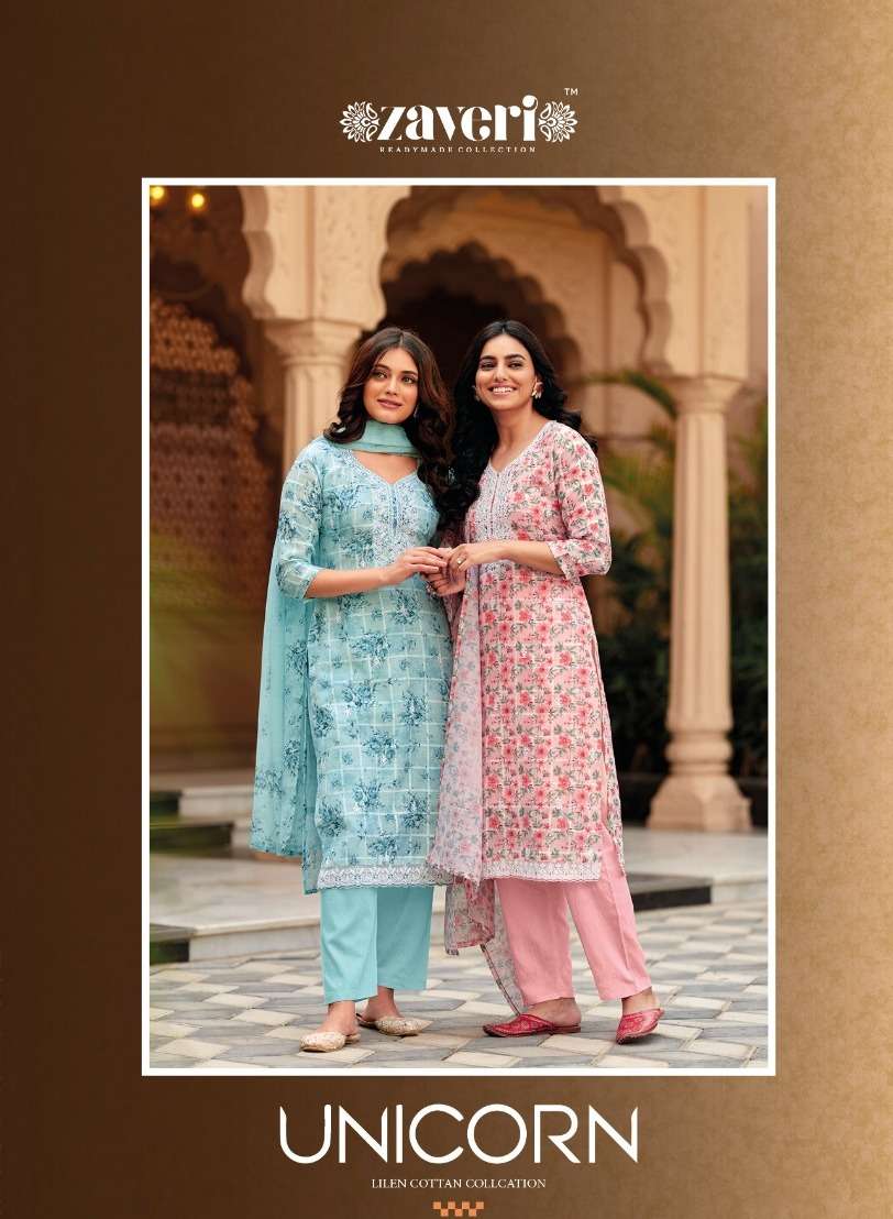 UNICORN BY ZAVERI 1125 TO 1128 SERIES LINEN COTTON WORK STITCHED DRESSES