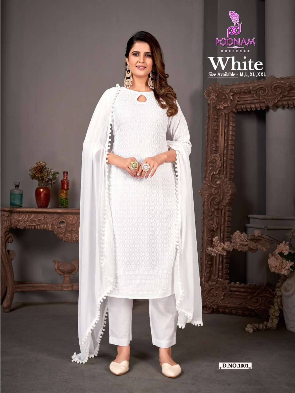 WHITE BY POONAM DESIGNER 1001 TO 1006 SERIES RAYON CHICKEN WORK DRESSES