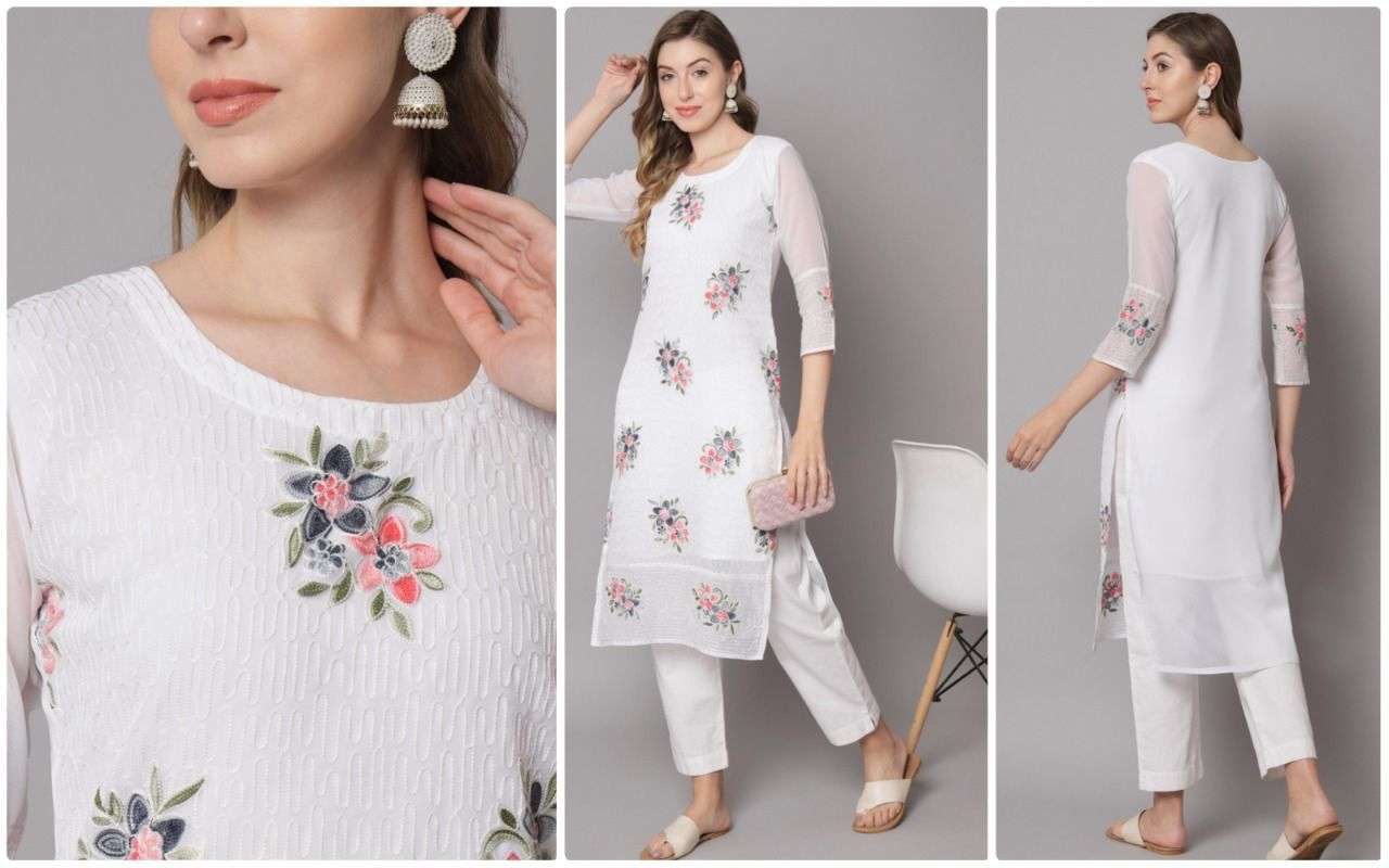 WHITE FLOWER BY ASLIWHOLESALE DESIGNER GEORGETTE CREPE WORK KURTIS