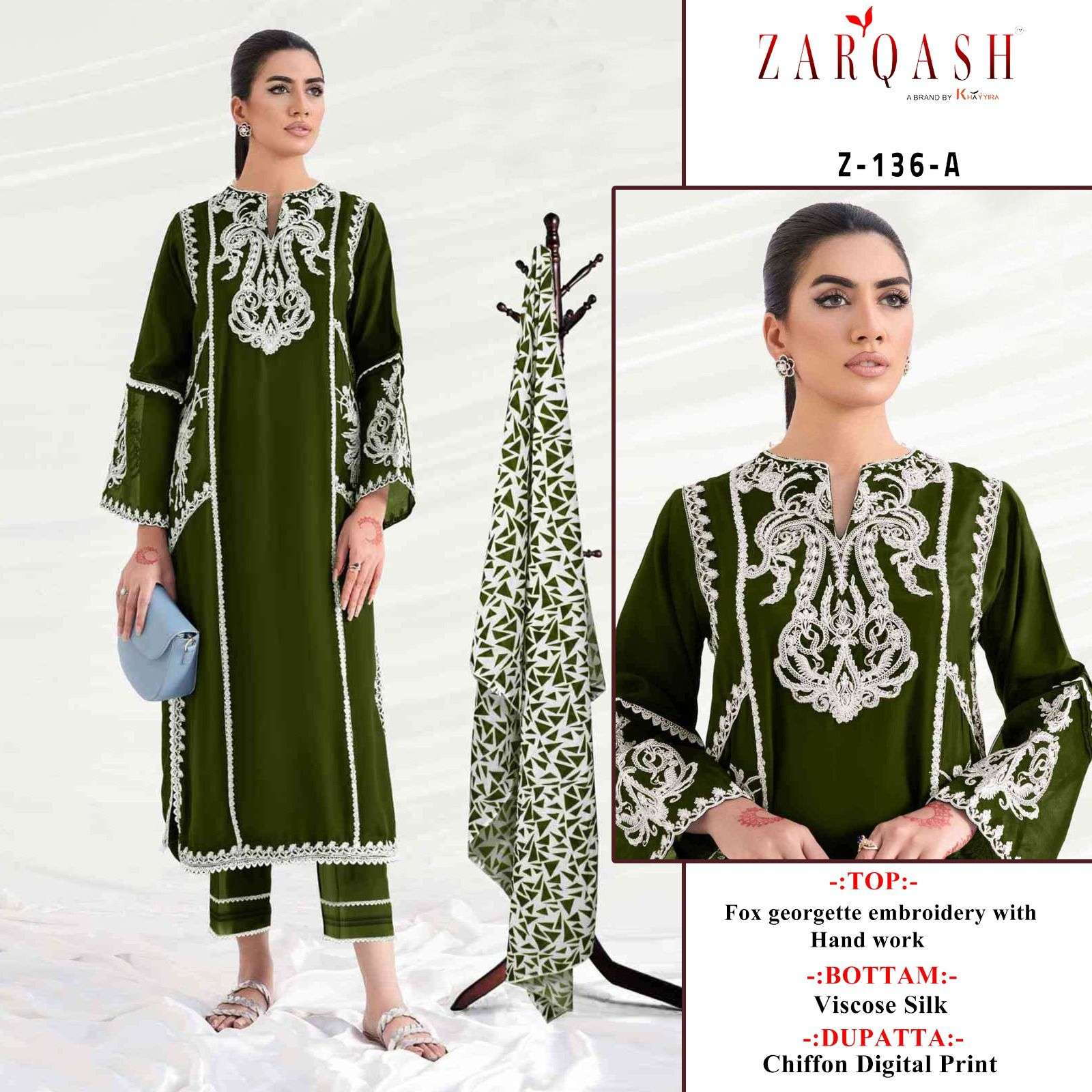 Z-136 COLOURS BY ZARQASH 136-A TO 136-C SERIES FAUX GEOGETTE WORK DRESSES