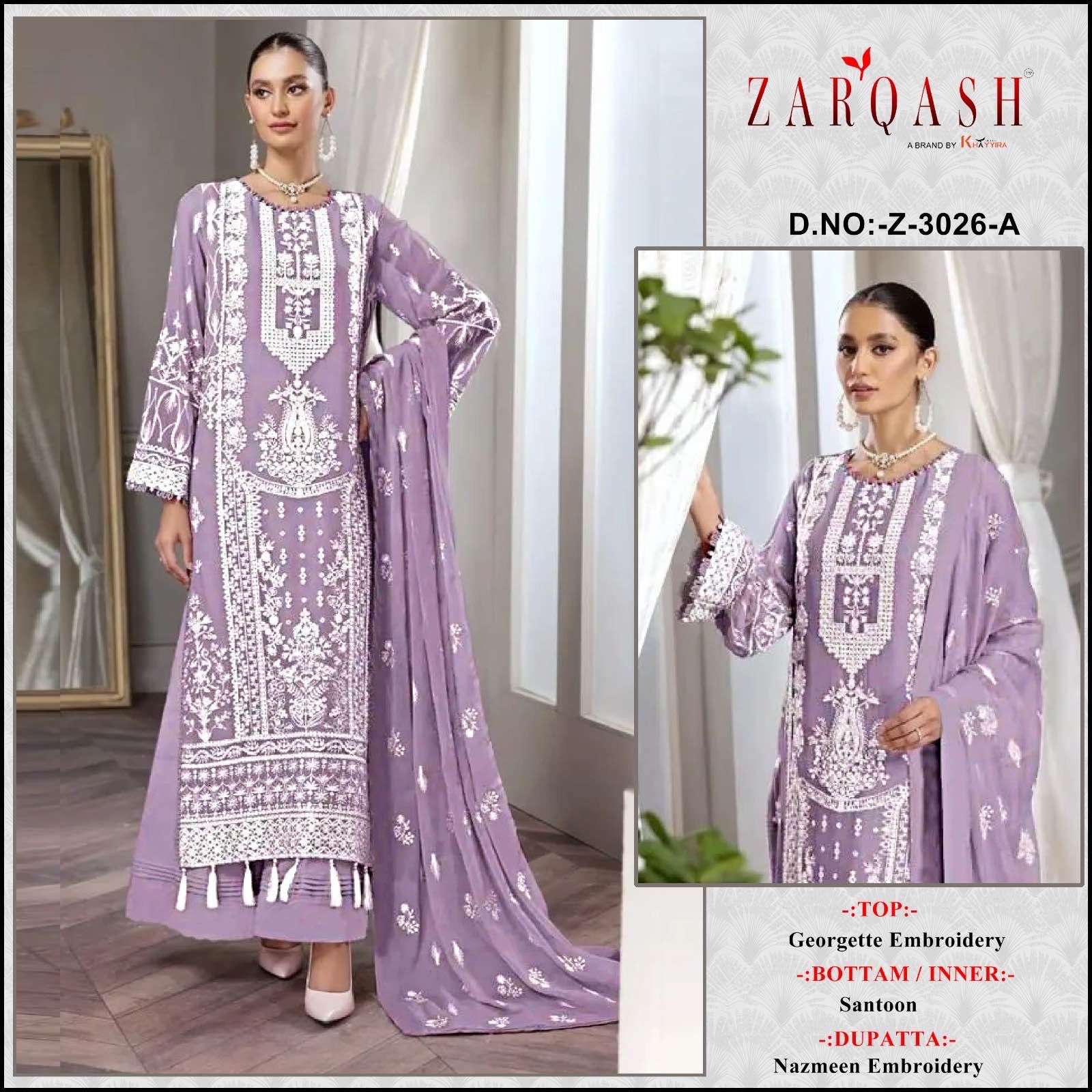 Z-3026 COLOURS BY ZARQASH 3026-A TO 3026-F SERIES GEOGETTE WORK DRESSES