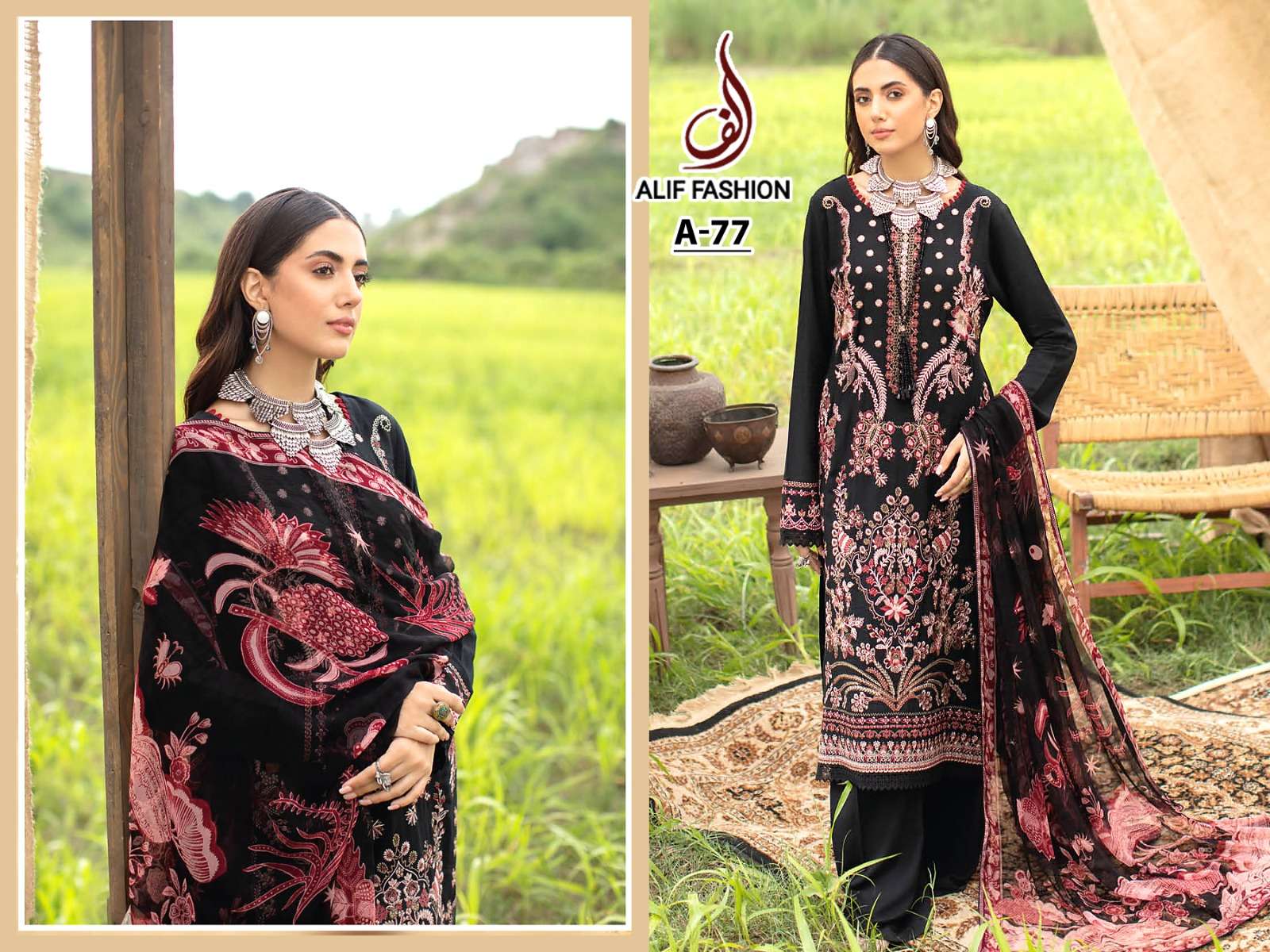 A-77 HIT DESIGN BY ALIF FASHION PURE CAMBRIC COTTON HEAVY EMBROIDERY WORK DRESS