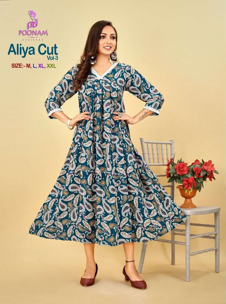 ALIYA CUT VOL-3 BY POONAM DESIGNER 1001 TO 1004 SERIES RAYON KURTIS