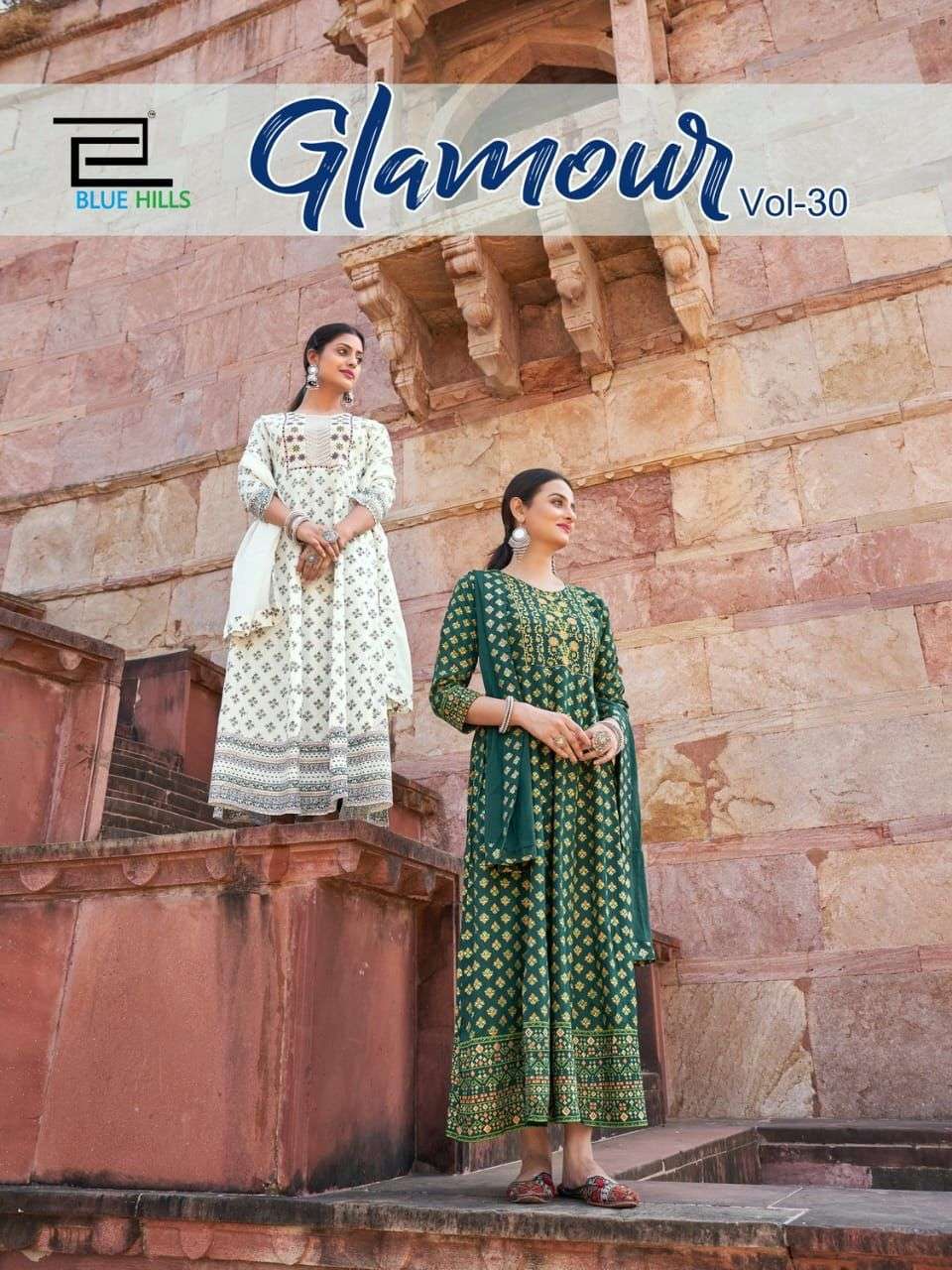 GLAMOUR VOL-30 BY BLUE HILLS 30001 TO 30008 SERIES RAYON PRINT GOWNS