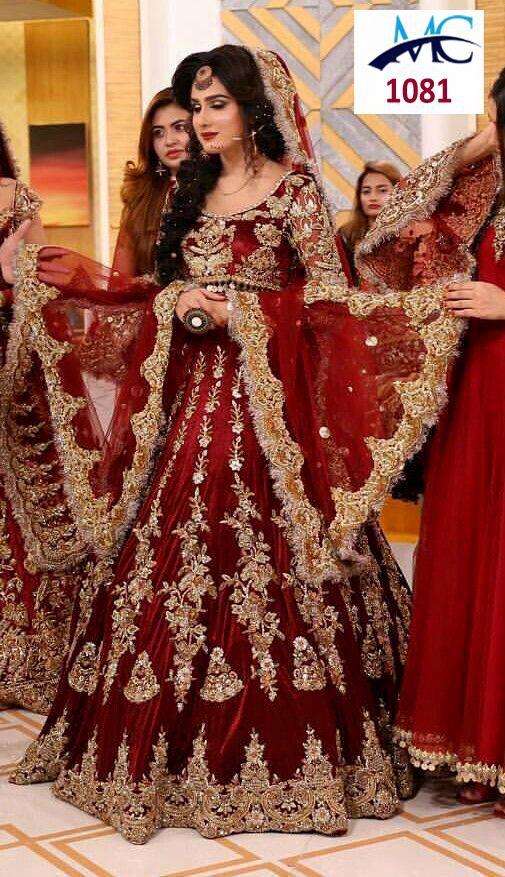 MC-1081 BY MANSI CREATION PURE RED VELVET EMBROIDERY BRIDAL LEHENGAS