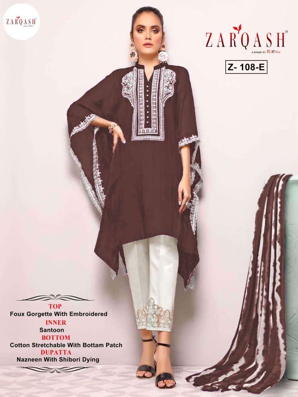 Z-108 COLOURS BY ZARQASH 108-E TO 108-H SERIES FAUX GEOGETTE WORK KAFTAN