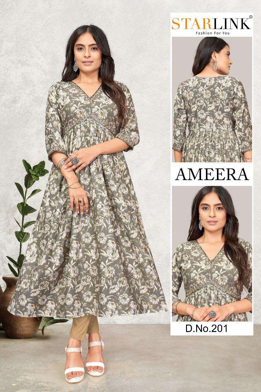 AMEERA BY STARLINK 201 TO 224 SERIES SILK PRINT STITCHED KURTIS