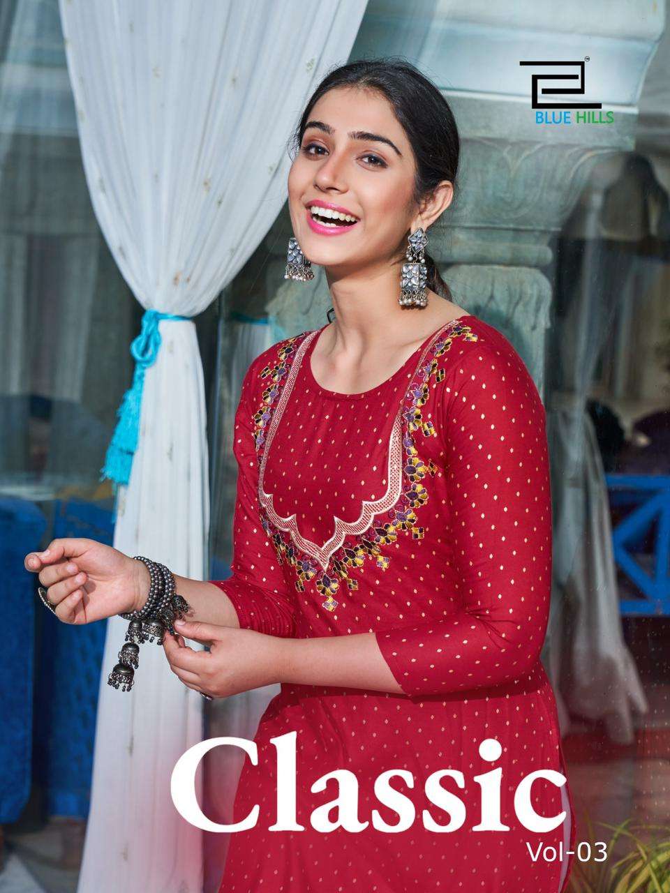 CLASSIC VOL-03 BY BLUE HILLS 1001 TO 1006 SERIES RAYON EMBROIDERY KURTIS