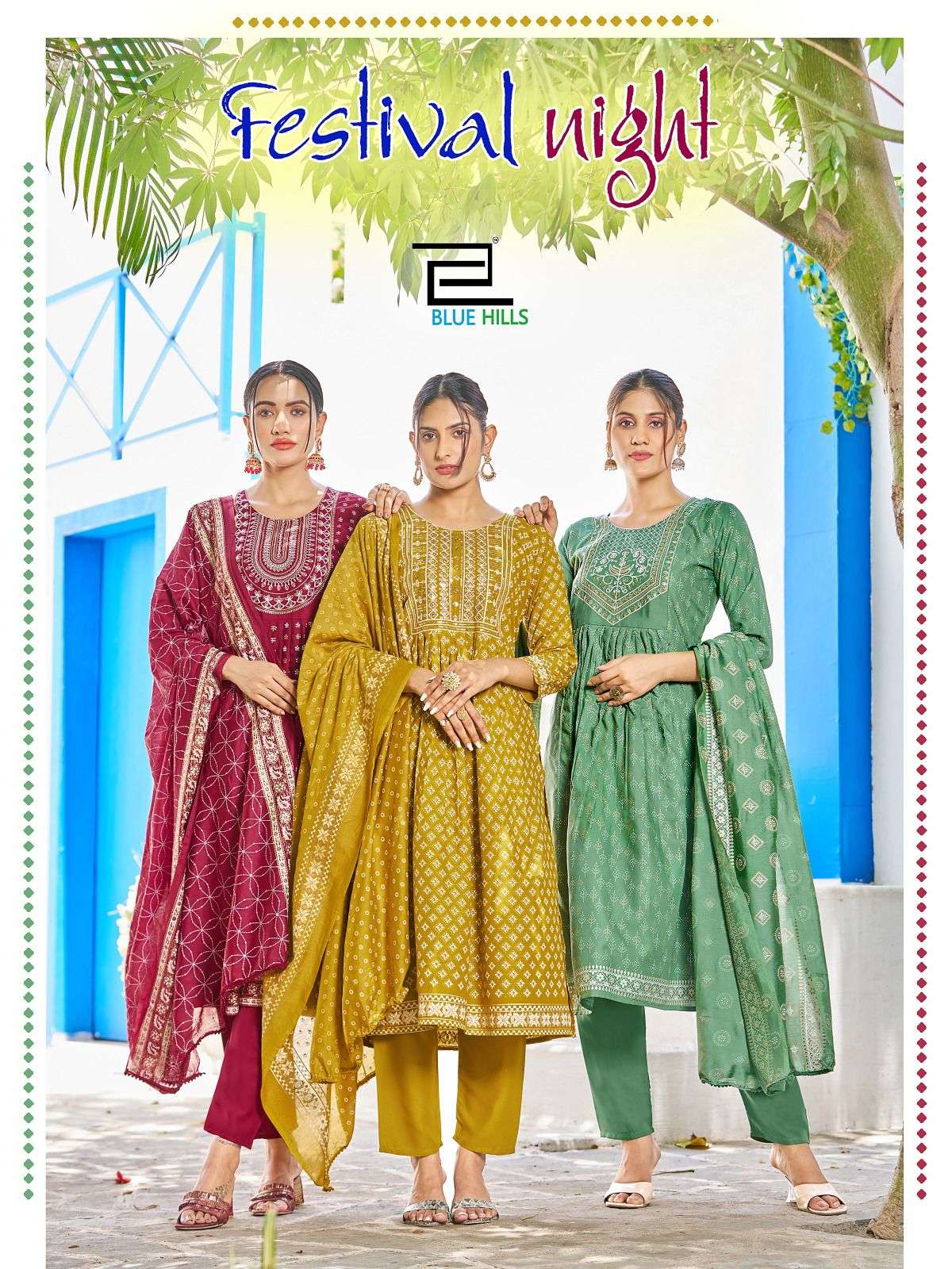 FESTIVAL NIGHT VOL-1 BY BLUE HILLS 1001 TO 1008 SERIES 14 KG RAYON PRINT DRESSES