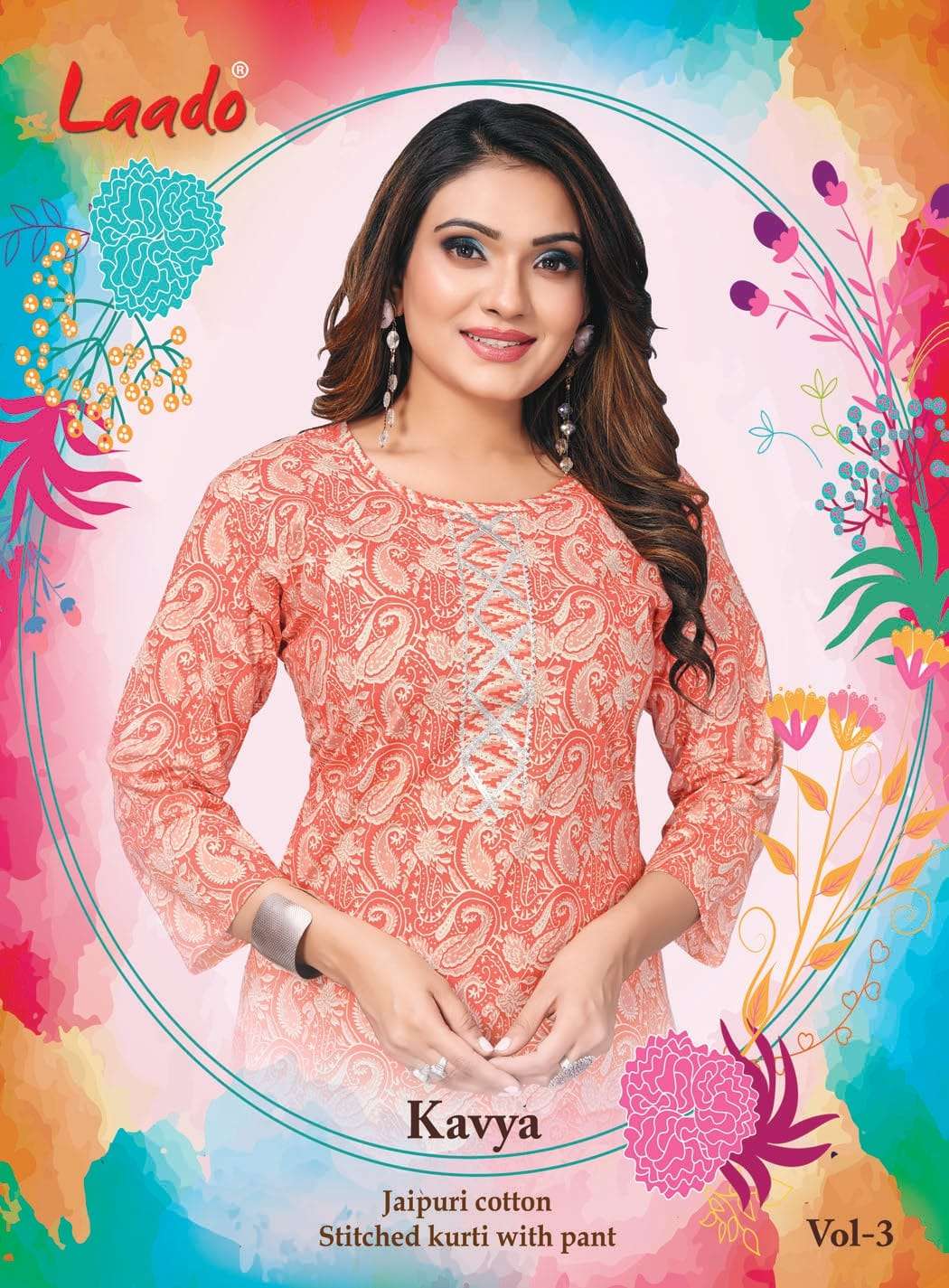 KAVYA VOL-03 BY LAADO 3001 TO 3008  SERIES COTON PRINT KURTIS AND PANTS