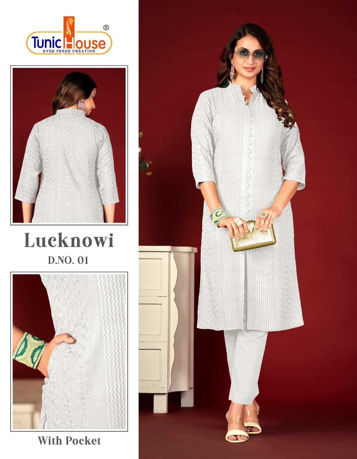 LUCKNOWI LINING BY TUNIC HOUSE RAYON LUCKNOWI CHIKANKARI WORK KURTIS