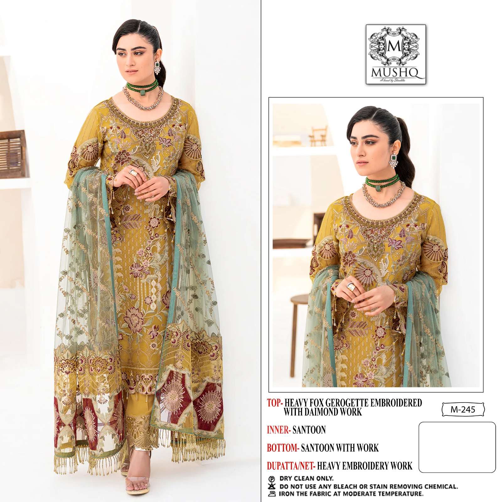 M-245-248 SERIES BY MUSHQ DESIGNER PURE FAUX GEORGETTE WORK PAKISTANI DRESSES