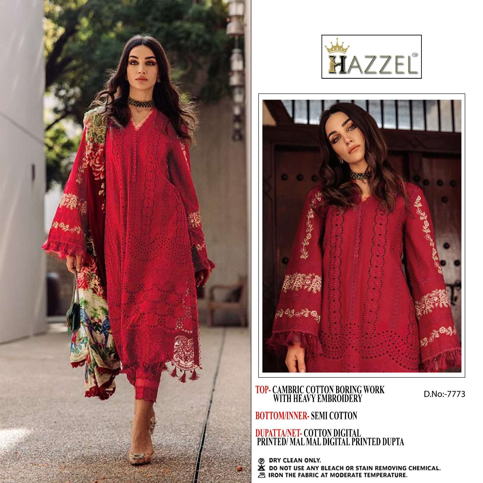 M-7773 HIT DESIGN BY HAZZEL HEAVY COTTON CHIKAN WORK PAKISTANI DRESSES