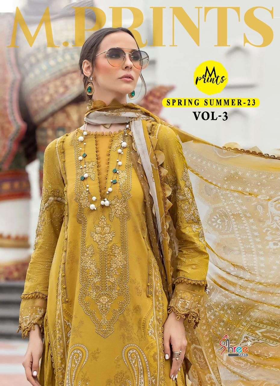 M.PRINT SPRING SUMMER-23 VOL-03 BY SHREE FABS 3193 TO 3200 SERIES COTTON PAKISTANI DRESSES