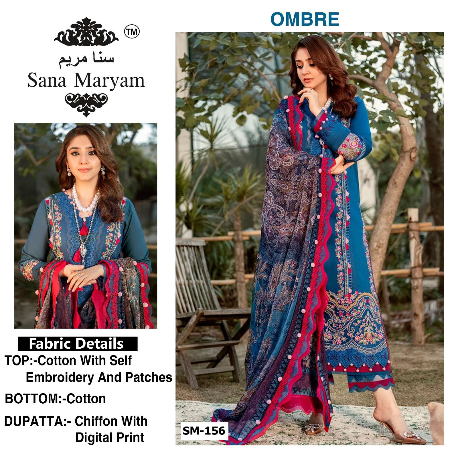 OMBRE SM-156 HIT DESIGN BY SANA MARYAM COTTON EMBROIDERY PAKISTANI DRESS