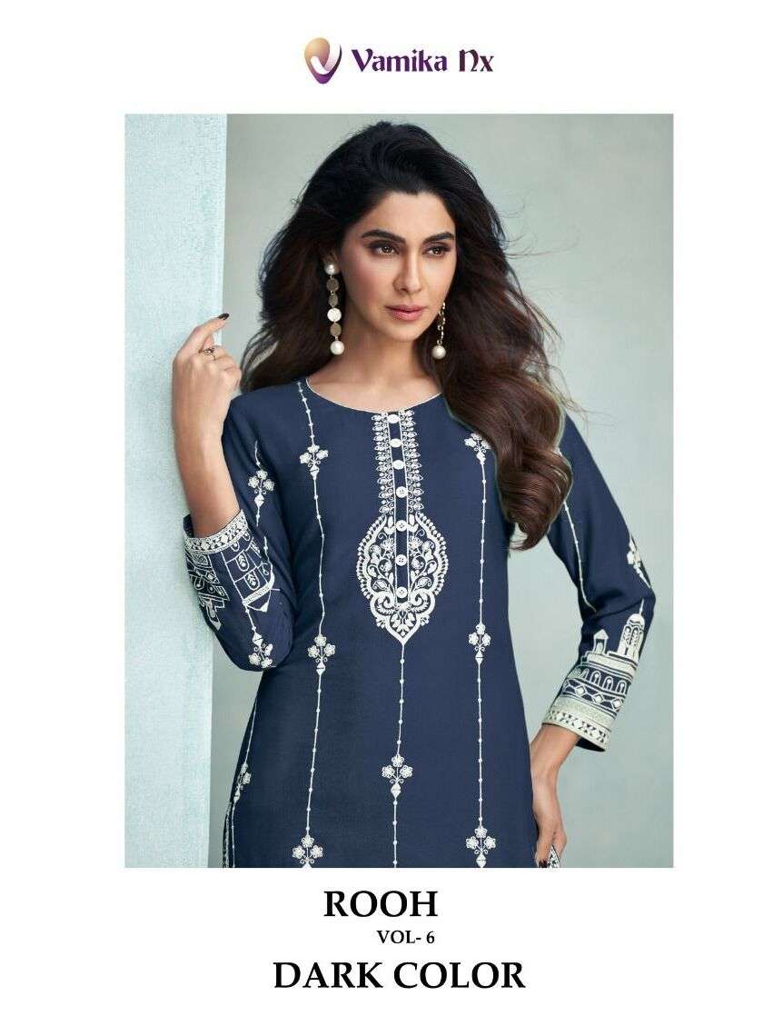 ROOH VOL-6 DARK COLOR BY VAMIKA NX 11355-A TO 1135-E SERIES RAYON VISCOSE KURTIS