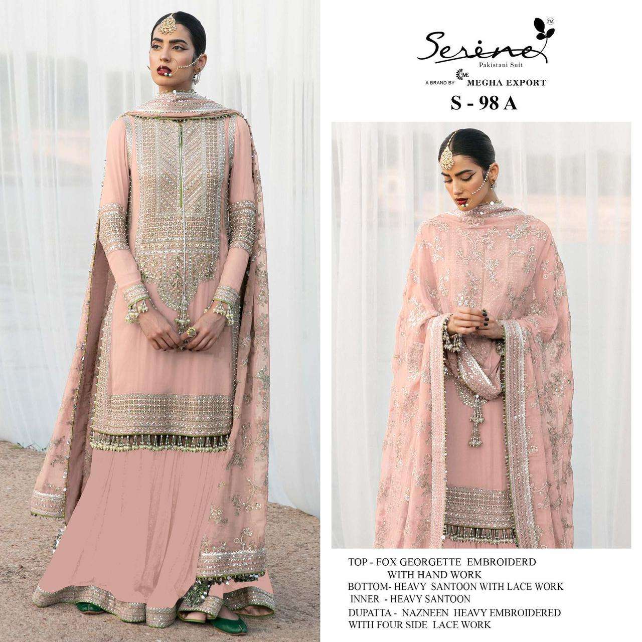 S-98 COLOURS  BY SERENE 98-A TO 98-D SERIES FAUX GEORGETTE EMBRODERY PAKISTANI DRESS