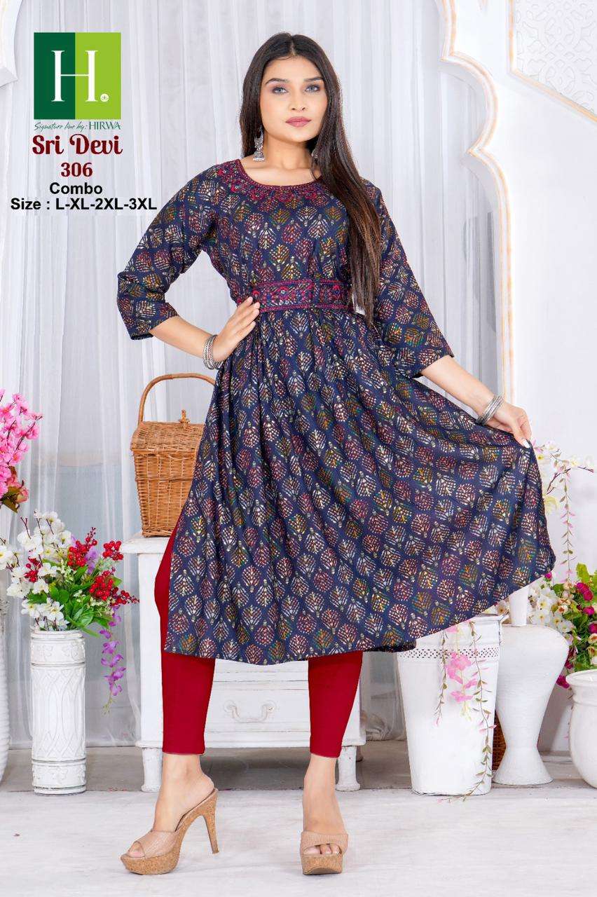 SRIDEVI VOL-3 BY H DOT 301 TO 320 SERIES RAYON PRINTED KURTIS