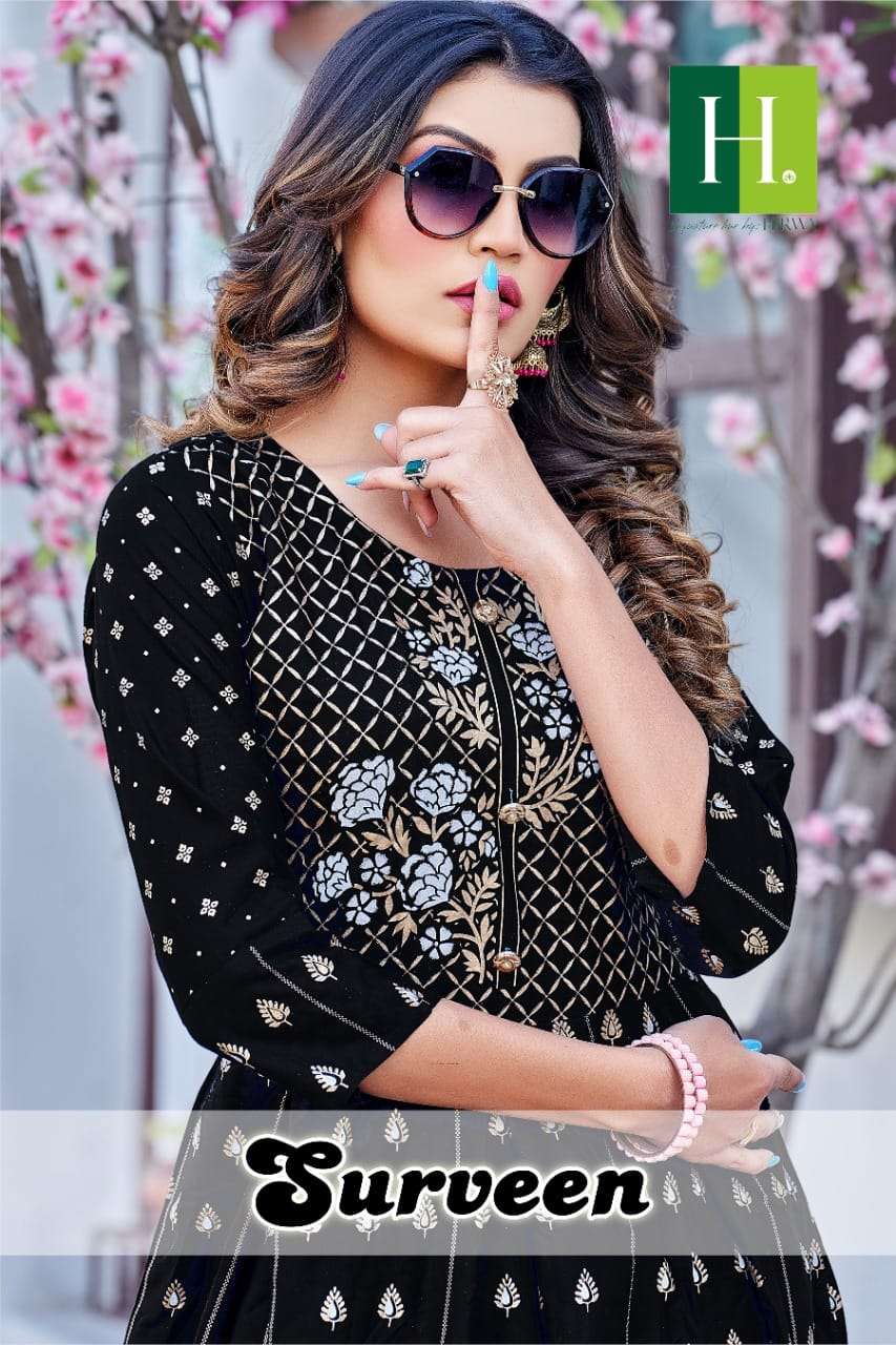 SURVEEN BY H DOT 101 TO 106 SERIES DESIGNER RAYON PRINT EMBROIDERY KURTIS 