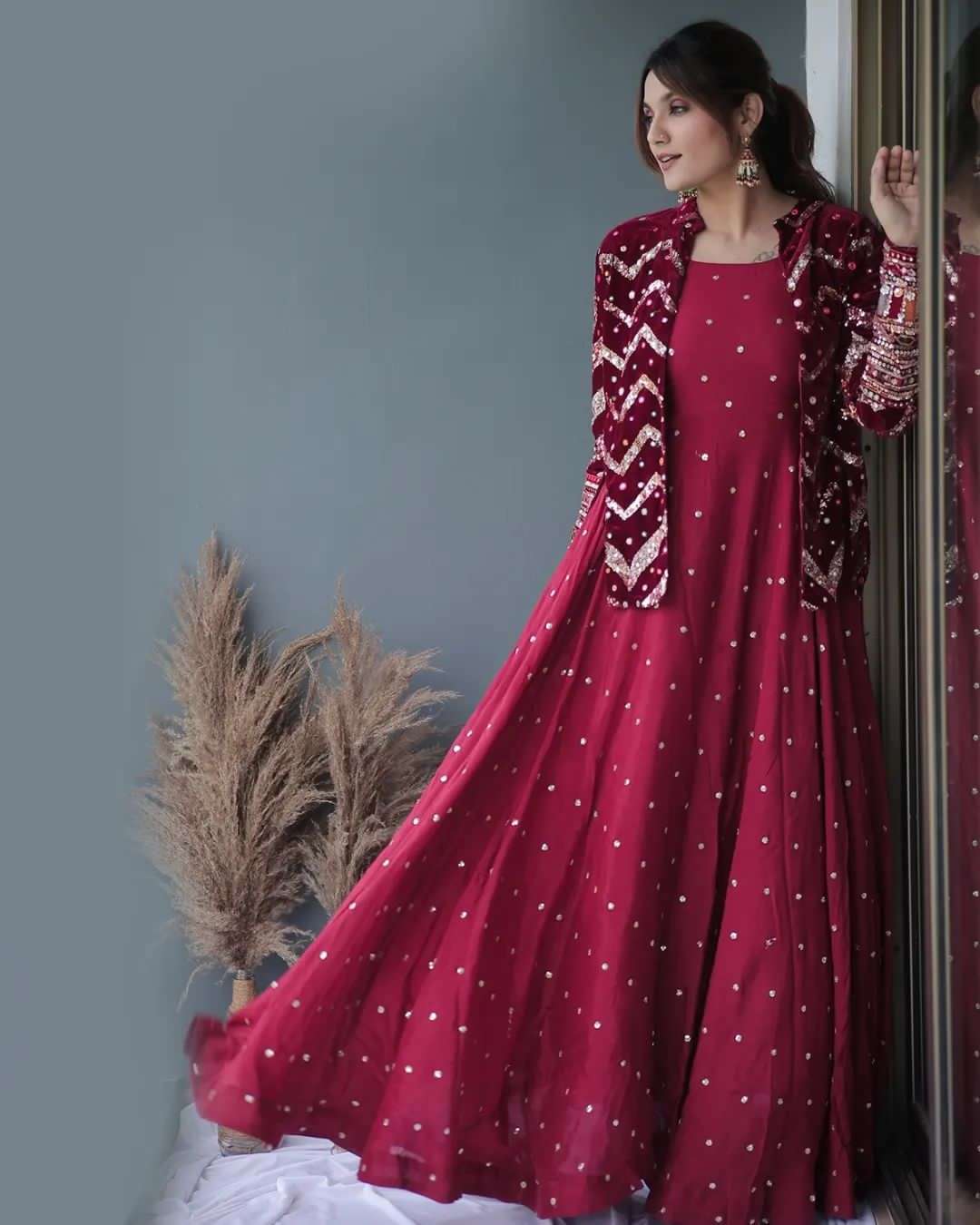 TAPI-022 BY ASLIWHOLESALE DESIGNER FAUX GEORGETTE GOWNS WITH VELVET JACKET