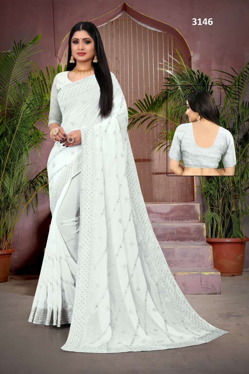 WHITE COLLECTION BY ASLIWHOLESALE FANCY GEORGETTE WORK SAREE