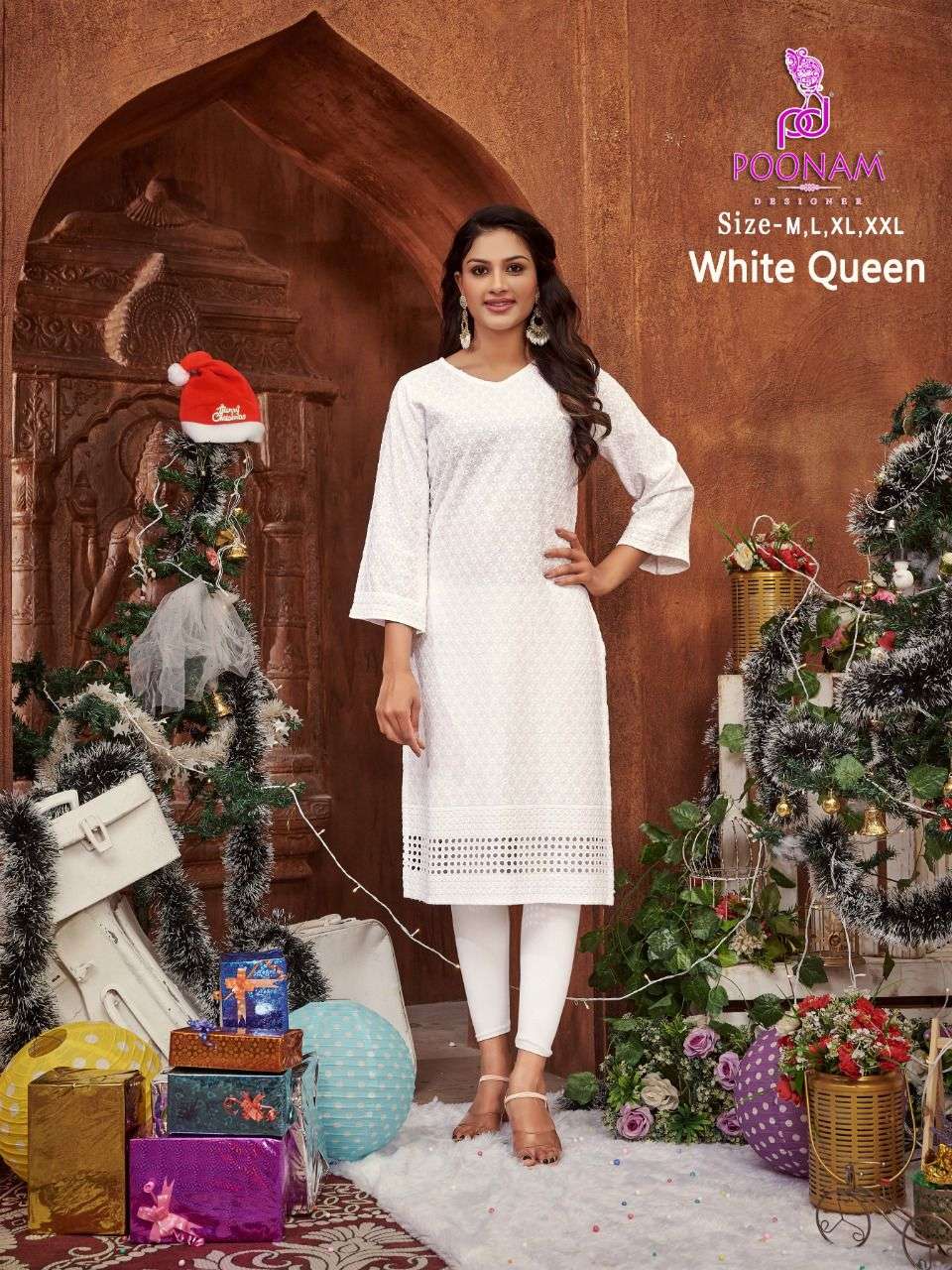 WHITE QUEEN BY POONAM DESIGNER 101 TO 106 SERIES RAYON CHICKEN WORK KURTIS